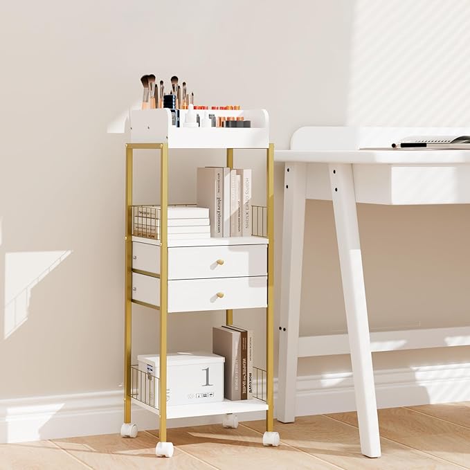 Makeup Organizer Cart Shelf Floor Skincare Organizers Make Up and Station Storage Cabinet For Vanity Standing Cosmetics With Drawers and Wheels For Nail Polish Perfume Hair Tool Holder Beauty(Gold)