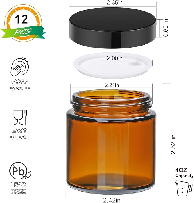 4oz Glass Amber Cosmetic Jars with Black Lids,12 Pack Empty Small Glass Jars with Inner Liners, Round Sample Container for Cream,Lotion,Ointments