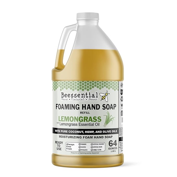Beessential All Natural Bulk Foaming Hand Soap Refill, 64 oz Lemongrass | Made with Moisturizing Aloe & Honey - Made in the USA