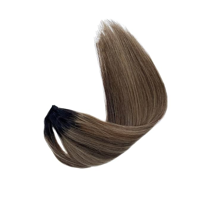 Ponytail Extension Human Hair Black to Chocolate Brown Mix Caramel Blonde Highlights Ponytail Hair Pieces Clip in Wrap Around Pony Remy Hair Extensions for Women 18 Inch 80G #1BT427