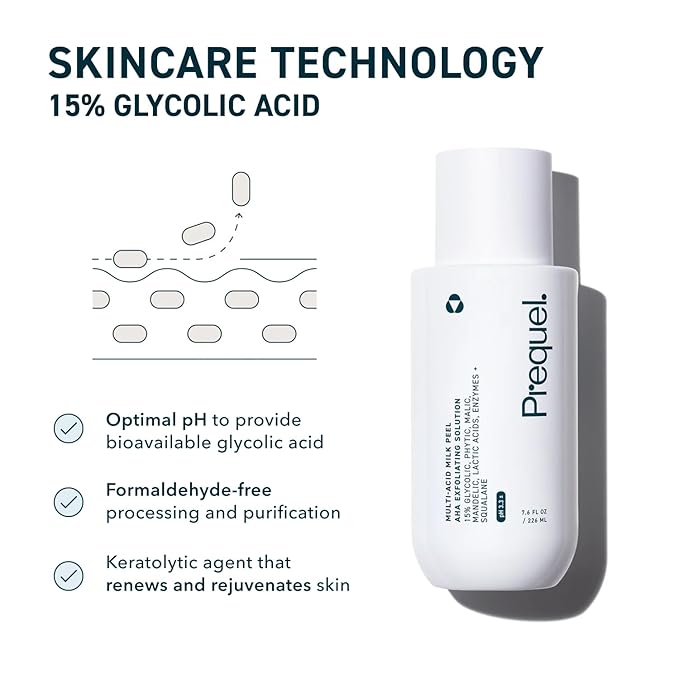 Prequel Skin Multi-Acid Milk Peel, Professional Exfoliating Solution. 15% Glycolic Acid Face Peel with Lactic Acid and Enzymes. Hydrating Chemical Exfoliant. Clinical Strength Formula, 7.6oz Bottle.
