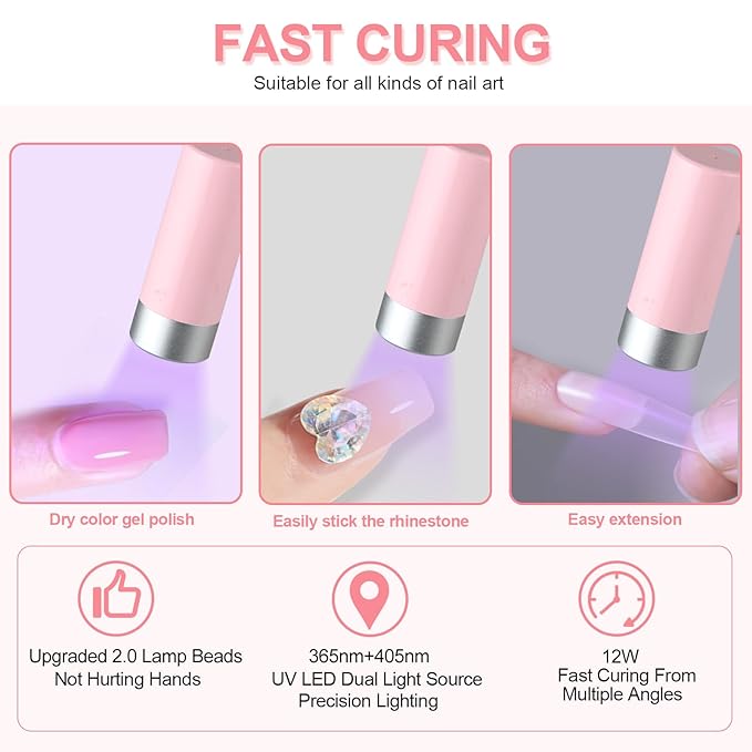U V Nail Lamp, Rechargeable U V Light for Gel Nails Polish, Mini Flash Cure Light for Gel X Nails, Cordless U V LED Nail Lamp, Nail Dryer with 4 Timers&Sensor, Fast Curing Gooseneck U V Lamp, Pink
