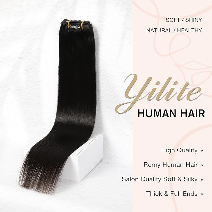Yilite Black Hair Extensions - 18 Inch Clip in Real Human Hair, Invisible Double Weft, Natural Black Straight, 7 Pcs, 80g