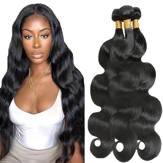 #1B Body Wave Bundles Color 1B Body Wave Human Hair Bundles 8a Grade Double Weft Weave Extensions Brazilian Human Hair Soft and Silky for Black Women 24 26 28 Inch