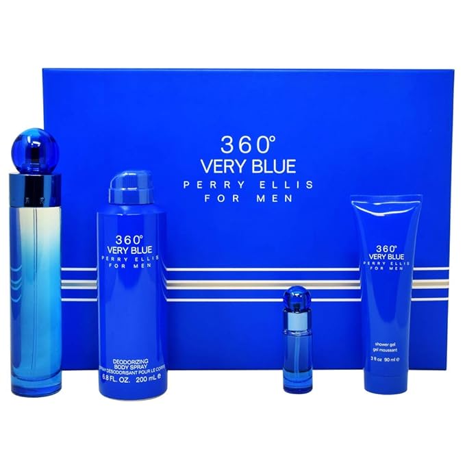Perry Ellis 360 Very Blue By Perry Ellis for Men - 4 Pc Gift Set 3.4oz Edt Spray, 7.5ml Edt Spray, 6.8oz Body Spray, 3oz Shower Gel, 4count