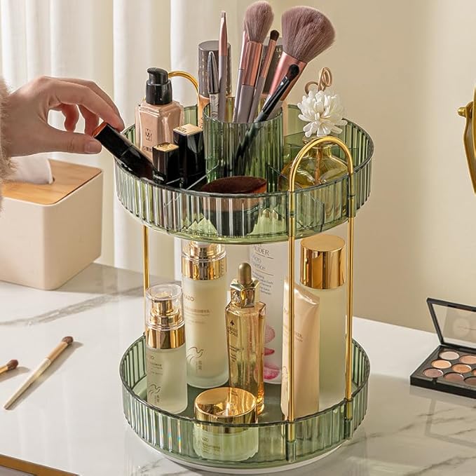 Aveniee Rotating Makeup Organizer for Vanity, Upagraded Perfume Skincare Bathroom Counter Organizers with Brush Divider, 2 Tier Spinning Lipstick Cosmetic Lotion Storage(Green)
