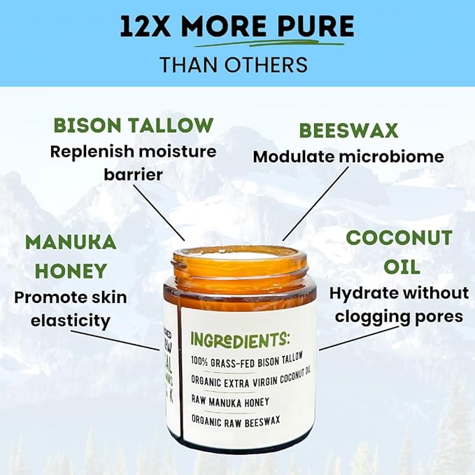 Unscented Manuka Honey & Bison Tallow Balm – 100% Organic, Grass-Fed Face & Body Moisturizer for Dry Skin, Acne-Prone Skin & Wrinkles – Ancestral Formula with Coconut Oil, Raw Beeswax – 3oz