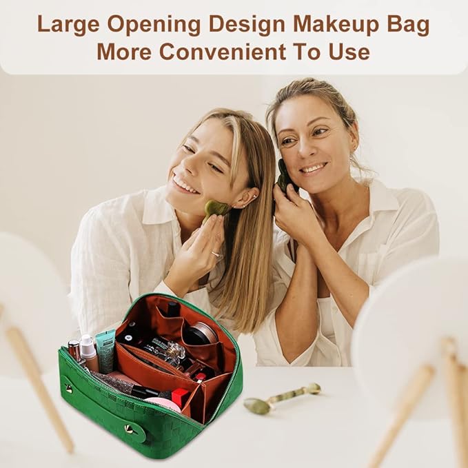 Cessfle Large Capacity Travel Cosmetic Bag Plaid Checkered Makeup Bag Portable Leather Waterproof Skincare Bag with Handle & Divider for Women, 01-Green