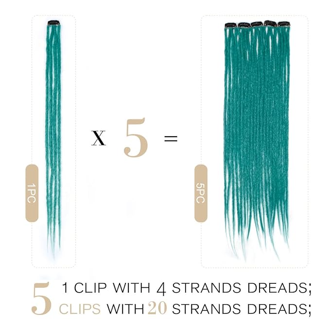 20 Strands 5 Clips In Dreadlock Extensions, 24 inch Teal Green Synthetic Clip In Dreads Extensions for Woman