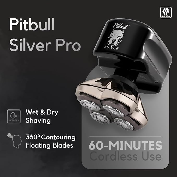 Skull Shaver Pitbull Silver PRO: Electric Head Shaver for Men, Wet & Dry Bald Head Shaver with Ergonomic Design - Perfect Grooming for Men