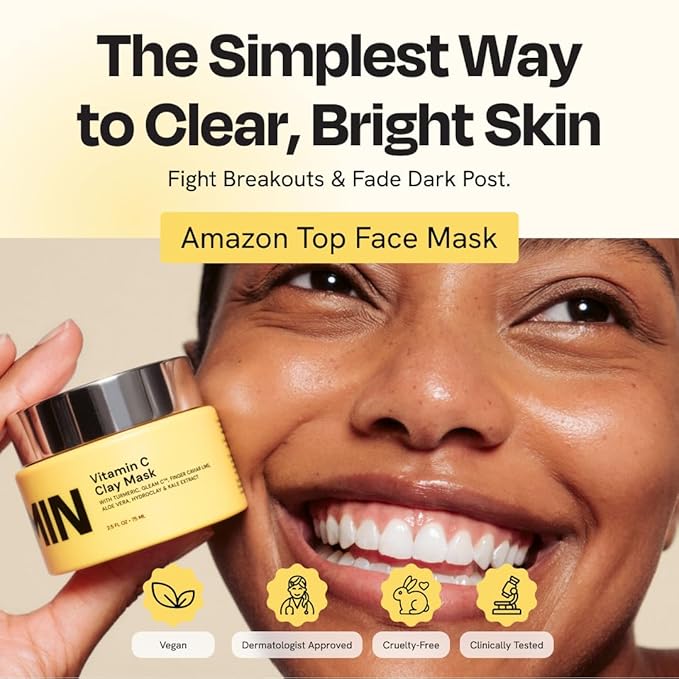 Gleamin Vitamin C Clay Mask for Dark Spots, Turmeric Clay Face Mask Skin Care, Deeply Cleanses & Refines Pores, Brightens Uneven Tone and Helps Improve Post-Blemish Scarring & Texture - 5 Oz