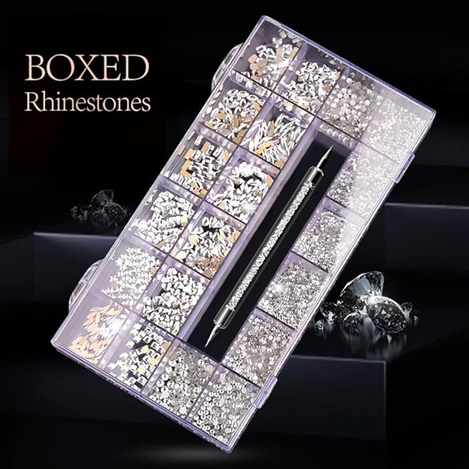 3100Pcs Nail Crystal Rhinestones Kit, Mix Shapes AB Glass, 3D Diamonds Flatback Crystals, with a Drill Pen, Nail Crystal Non Hotfix, Nail Art Decoration(White Rhinestone)