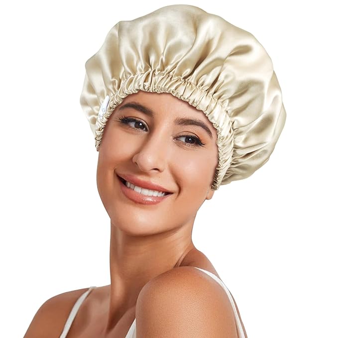 22 Momme 100% Mulberry Double Silk bonnet for sleeping women Double Layer lined Stay On Head for Hair Care with adjustable elastic Band Non-Slip Silk Turban Curly Hair silk hair cap Gold