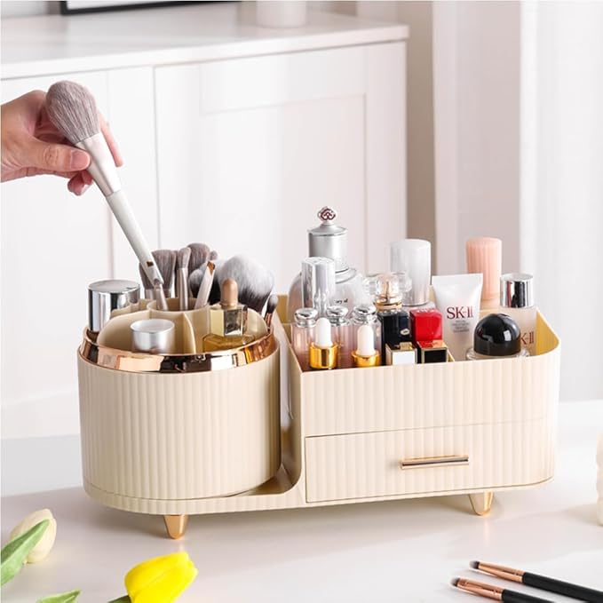 Makeup Organizer Countertop with Drawer 360 Rotating Brush Holder Storage Large Capacity Skincare Cosmetic Display Cases for Vanity Bathroom Desktop, Model 3016 Cream