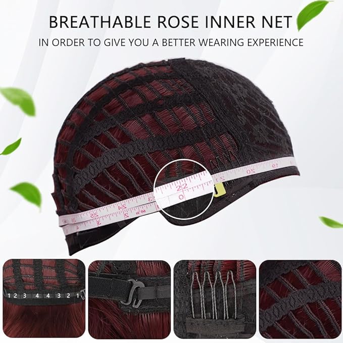 AISI HAIR Synthetic Wavy Curly Bob Wig with Bangs Ombre Dark Red Short Hair Wigs for Women Synthetic Heat Resistant Bob Wigs