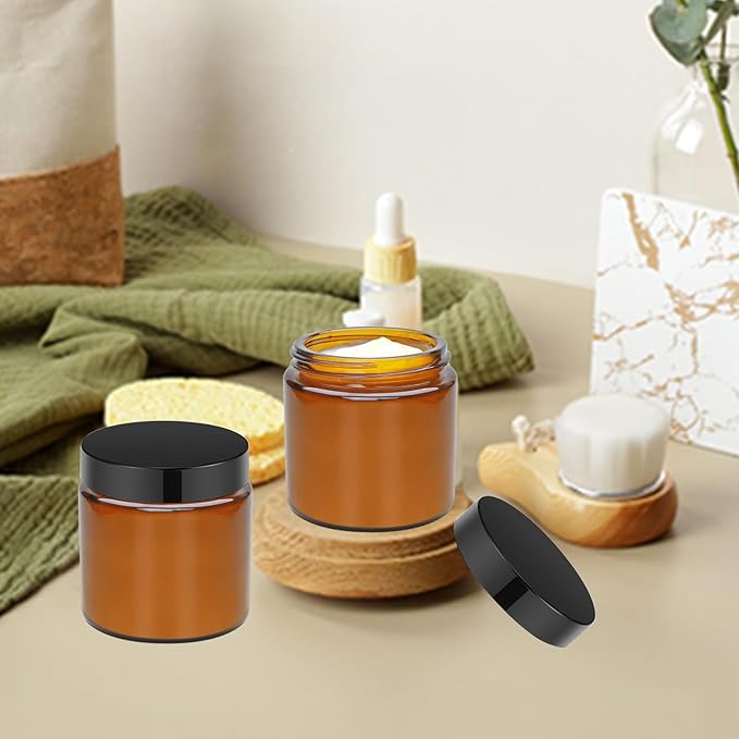 4oz Glass Amber Cosmetic Jars with Black Lids,12 Pack Empty Small Glass Jars with Inner Liners, Round Sample Container for Cream,Lotion,Ointments