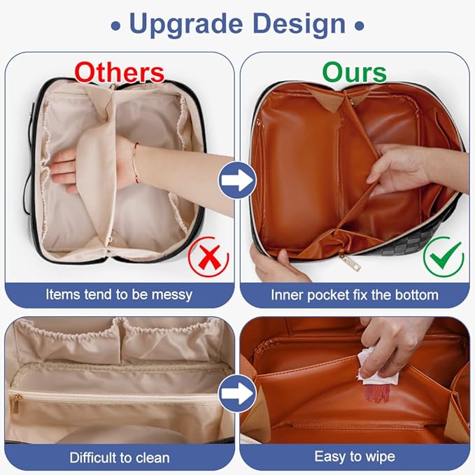 Cessfle Large Capacity Travel Cosmetic Bag Plaid Checkered Makeup Bag Portable Leather Waterproof Skincare Bag with Handle and Divider for Women 01-Blue