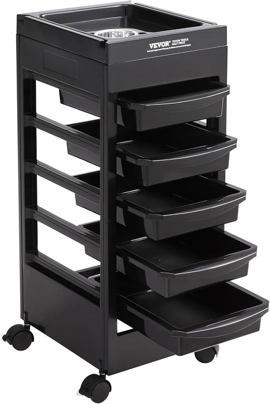 VEVOR Beauty Salon Trolley Cart, Plastic Salon Rolling Cart for Stylist with 5 Removable Drawers & Dryer Holder, Rolling Hairdressing Cart with 4 Wheels (2 Lockable) for Beauty SPA Barbershop