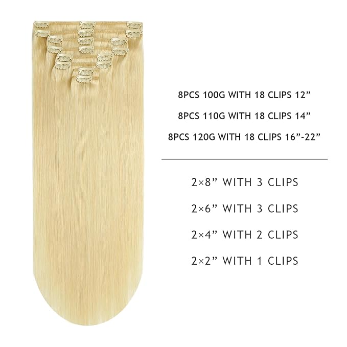 YILITE Remy Hair Extensions Clip in 100% Human Hair Bleach Blonde 120g 8Pcs/Pack Straight Thick Real Hair Silky Clip in Hair Extensions for Women (16inches #613 Bleach Blonde)