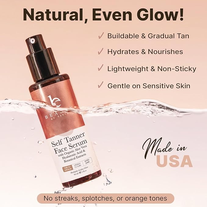 Face Tanner Serum - USA Made with Natural & Organic Ingredients, Sunless Self Tanner for Face with Anti-Aging Hyaluronic Acid, Non Toxic Bronzing Serum for Streak-Free Fake Tan & Natural Glow