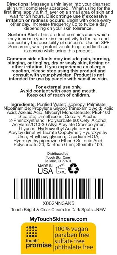 TOUCH Radiance Cream with Niacinamide, Kojic Acid, Tranexamic Acid & Azelaic Acid – Brightening Face Cream for Uneven Skin Tone – 2 oz