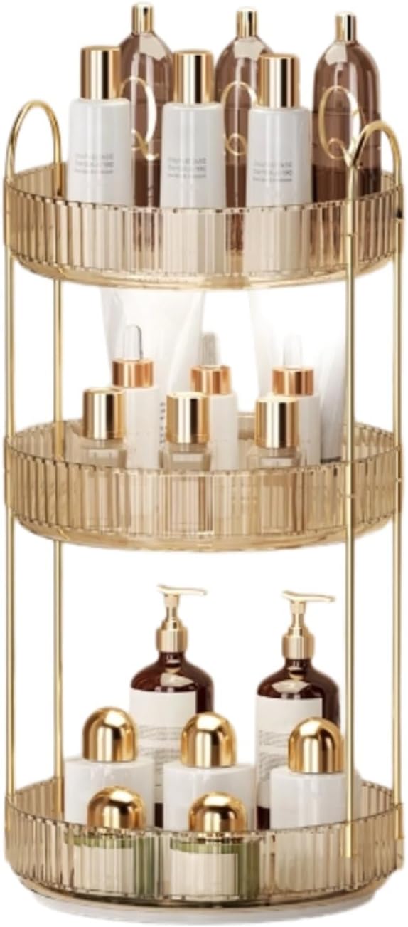 360° Rotating Makeup Organizer for Vanity - 3 Tier Perfume Organizer with Large Capacity - Skincare Organizer for Bathroom Counter - Space-Saving Cosmetic Storage for Dresser Countertop (Gold)