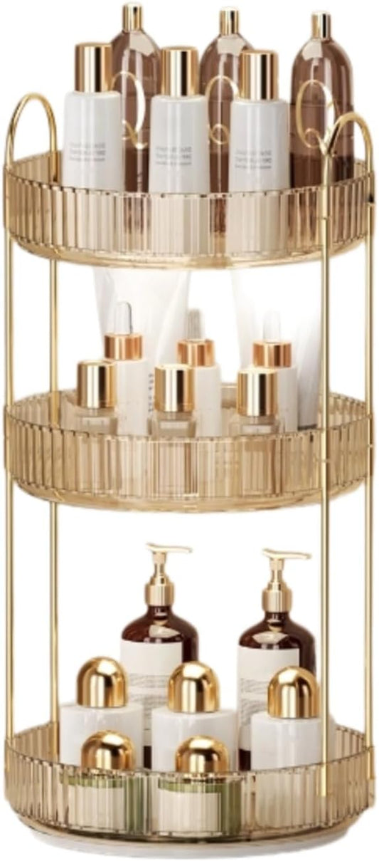 360° Rotating Makeup Organizer for Vanity - 3 Tier Perfume Organizer with Large Capacity - Skincare Organizer for Bathroom Counter - Space-Saving Cosmetic Storage for Dresser Countertop (Gold)