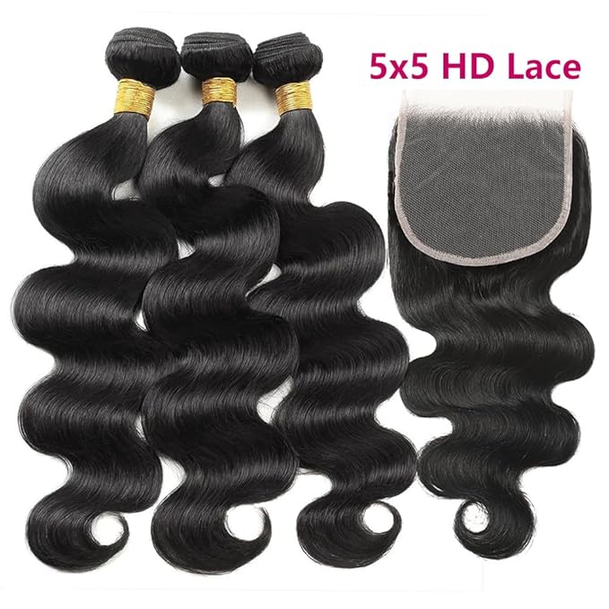 Body Wave Human Hair Bundles with Closure (22 24 26+18) 5x5 HD Closure with Bundles Human Hair 3 Weave 12A Brazilian 100% Unprocessed Virgin Weft Hair Free Part