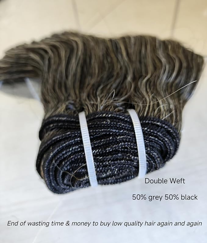 Clytie Raw Body Wave Salt and Pepper Gray Human Hair Bundles Unprocessed 20IN Grey Human Hair 1 Single Bundle, 5+ Years Long Lifespan 50% Grey Mixed 50% Black Color Virgin Hair Weave Weft