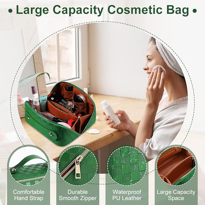 Cessfle Large Capacity Travel Cosmetic Bag Plaid Checkered Makeup Bag Portable Leather Waterproof Skincare Bag with Handle & Divider for Women, 01-Green