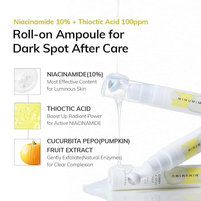 MIMUMIMU Niacinamide 10%+Thioctic Acid 100 ppm NIACINDY Facial Glow Ampoule for Dark Spot After Care - Daily Korean Potency Skincare - Uneven Tone, Hyperpigmentation, Discoloration Roll-on Ampoule