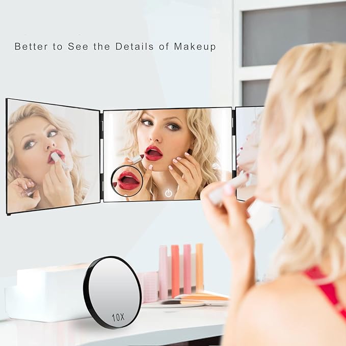 3 Way Mirror for Self Hair Cutting with Rechargeable LED Lights, Barber Mirror Self Cut to See Back of Head, Height Adjustable, Black