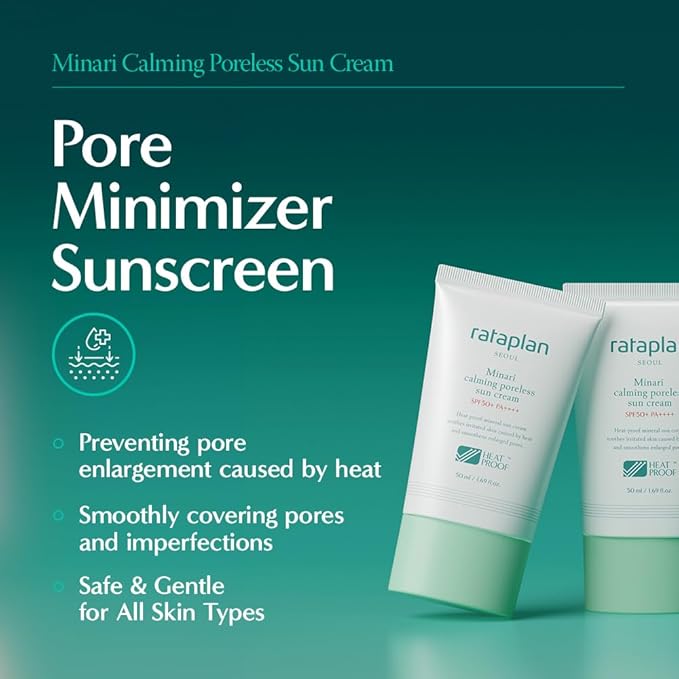 Rataplan Minari Calming Poreless Sun Cream SPF 50+ PA++++ (2 Pack)- Mineral Sunscreen, Korean Sunscreen for Oily Skin, Pore Minimizer for Face, Reef Safe, Korean Skincare