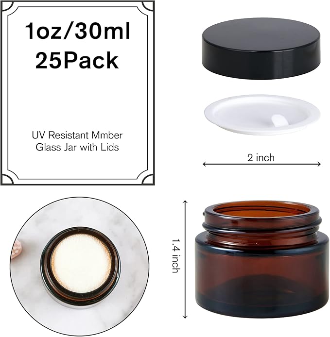 1oz Glass Jar with Lid, Hoa Kinh 30Pack Amber Round Containers Cosmetic Glass Jars with Inner Liners and Black Lids Travel Jars for Storing Lip and Body Scrub, Lotion, Body Butter, Bath Salts, Liquid