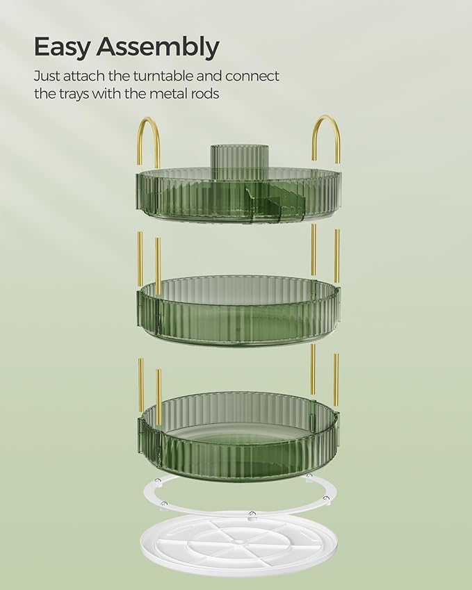 SONGMICS Makeup Organizer, 3-Tier Round Rotating Skincare Organizer Countertop, Customizable, Toiletries Vanity Organizer, Lazy Susan, Gift for Mom, Pale Green UJKA011C01