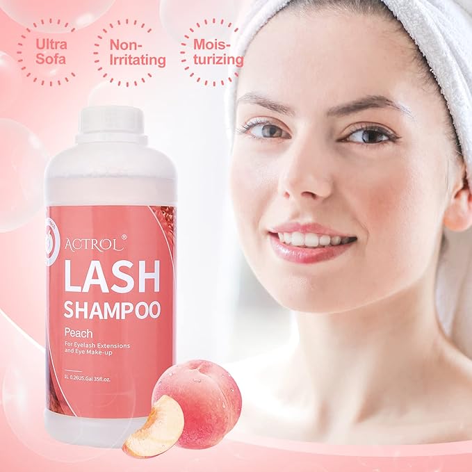 Eyelash Extension Cleanser Peach 1L Natural Lash Extension Shampoo Professional Eyelid Foaming Cleanser Paraben & Sulfate Free Non-lrritating with Salon and Home Care