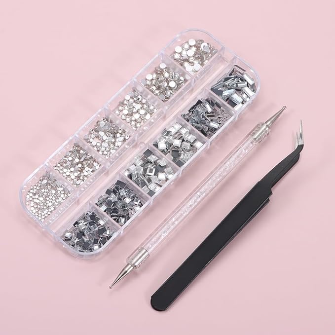 1000Pcs 12Gird Box Multi Size AB/Colorful Irregular Rhinestones Flatback Crystal Diamond Gems, with Pick Up Tweezers and Picker Dotting Pen for Nails, Makeup