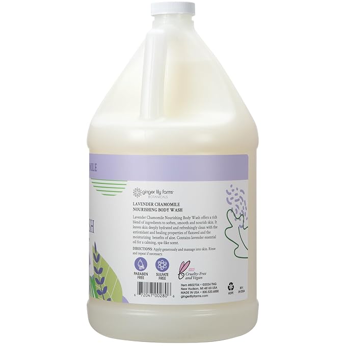 Ginger Lily Farms Botanicals Nourishing Body Wash, 100% Vegan & Cruelty-Free, Bath & Shower Gel for Men and Women, Lavender Chamomile Scent, 1 Gallon Refill (128 fl oz)
