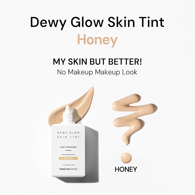 THANK YOU FARMER Dewy Glow Skin Tint, Long-Lasting Tinted Moisturizer, Light coverage, Vitamin B3, Niacinamide, Adenosine, Korean Beauty Makeup Dermatologist Tested, Honey, 1.75 fl oz