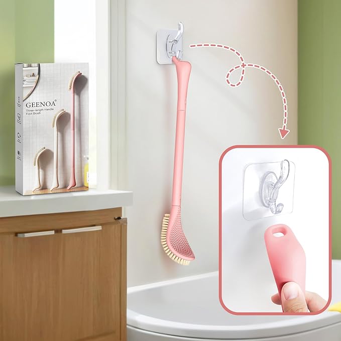 New Foot Brush for Shower, 3-in-1 Foot Scrubber for Wet or Dry Brushing, Adjustable 10.2’’- 27.5’’Foot Scrub Brush for Seniors, Pregnant, Disabled, or Injured, Gift-Box Packaged(Pink)