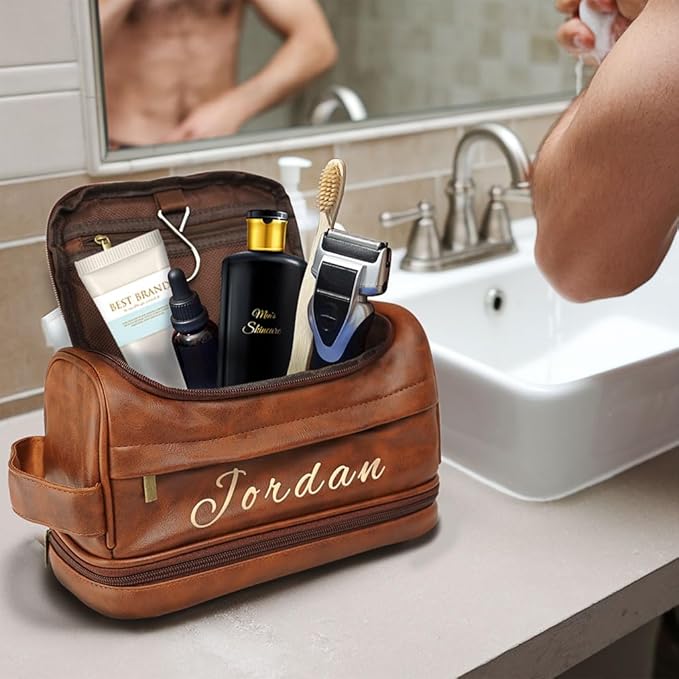 Personalized Toiletry Bag for Men - Custom Engraved Leather Travel Dopp Kit, Waterproof Shaving Kit Gift for Dad, Husband, Groomsmen, Boyfriend (Christmas, Birthday, Father’s Day, Anniversary)