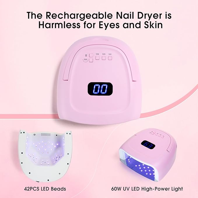 60W Rechargeable LED Nail Lamp, Cordless Gel Lamp with Portable Handle & 42pcs Lamp Beads, Automatic Sensor UV LED Nail Dryer, 4 Timers Professional UV Light for Gel Nails