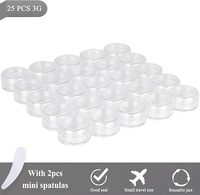 25PCS 3 Gram Sample Containers, 3ml Empty Jars with Lids, Small Cosmetic Containers, Mini Sample Jars with 2PCS Mini Spatulas for Make Up, Oils, Lotion, Powder, Paint, Jewelry, Lip Balms(Clear Lid)