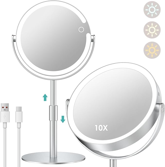 Lighted Magnifying Mirror 10X 1X Magnification, Double Sided Makeup Mirror, Rechargeable LED Beauty Mirror with 3 Color Setting, Adjustable Height Vanity Desk Mirror (Silver)