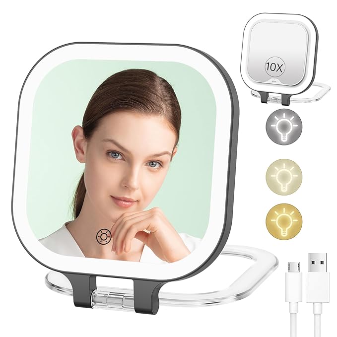 FASCINATE 10X Magnification Rechargeable Travel Makeup Mirror, Lighted Portable Vanity Mirror with 3 Colors Lighting & Stepless Dimming, Double Sided LED Mirror, Gift for Women (Black)