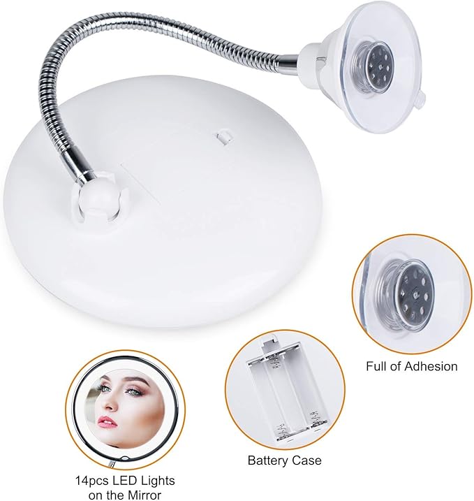 10x Magnifying Mirror with Light, Flexible Gooseneck Make up Mirror with Lights and Magnification, Battery Operated Cordless Magnified Mirror with Suction Cups for Wall Bathroom