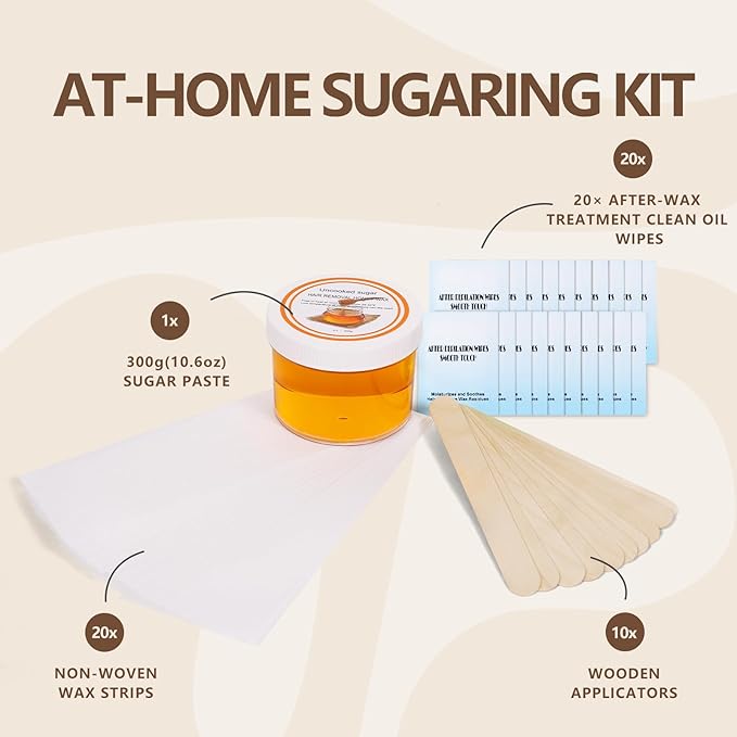Sugar Wax Kit for Hair Removal: 300g Body & Face Organic Sugaring Paste for Personal Home Use and Professional Salon Use - with 20pcs Wax Strips, 10pcs Sticks, 20pcs Cleaning Oil Wipes