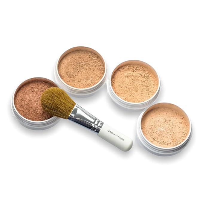 Serious Skincare BELLA ROSE PRO-MINERALS Loose Mineral Powder Makeup Foundation SPF 15 with Goat Hair Application Brush - Sheer to Full Coverage - Luminous Matte Finish - Men and Women - 0.50 oz - Tan