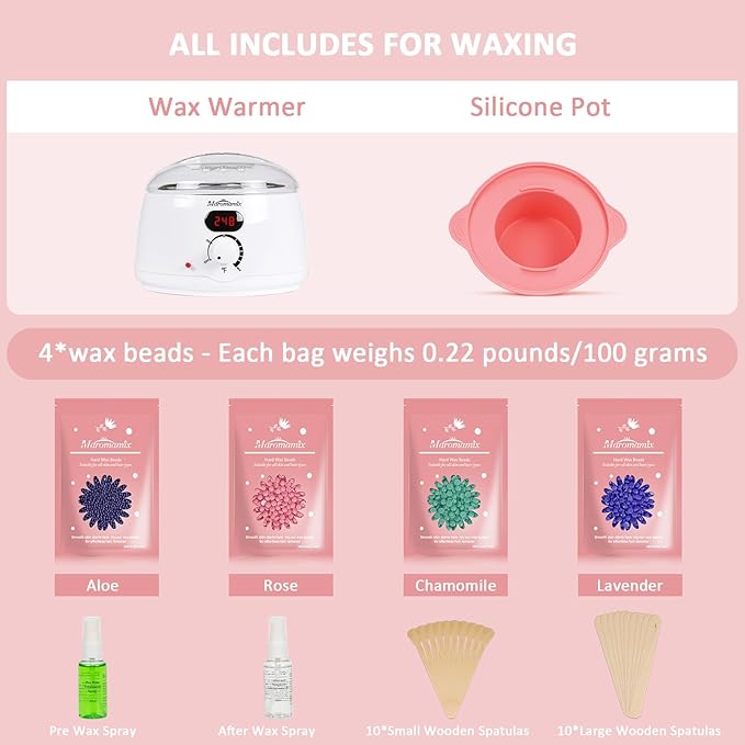 Waxing Kit for Women Men Digital Wax Warmer Hair Removal Machine with 4 Packs of Hard Wax Beads & Silicone Wax Pot for Legs, Face, Eyebrows, Bikini, Brazilian Full Body at Home Waxing Kit