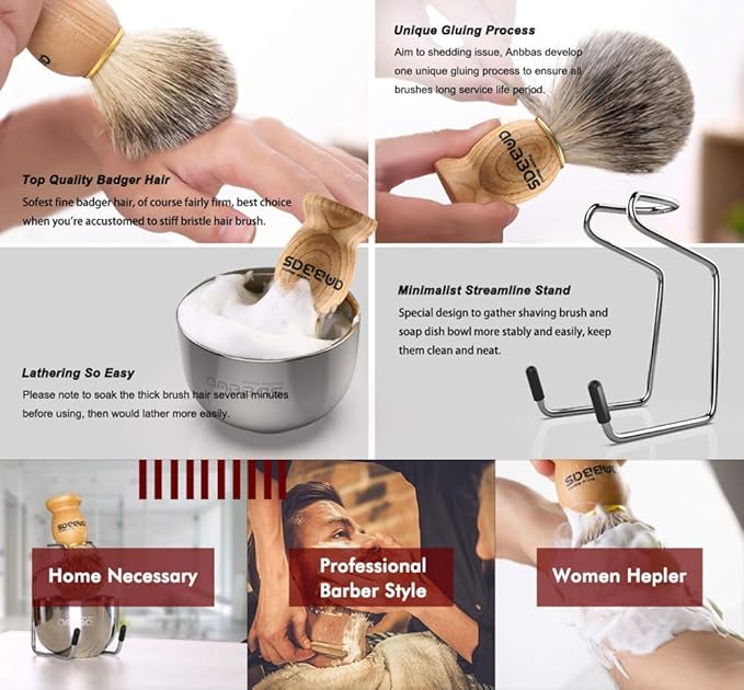 Anbbas Badger Hair Shaving Brush with Wood Handle,Goat Milk Shaving Soap 100g,Stainless Steel Shaving Stand and 2 Layers Shaving Bowl Perfect for Men Gift